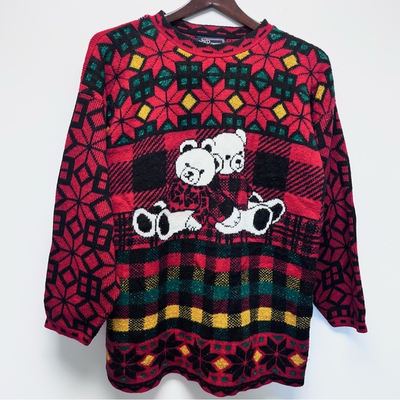 Vintage Teddy Bear Knit Holiday Sweater Red Black Metallic - Picture 1 of 8